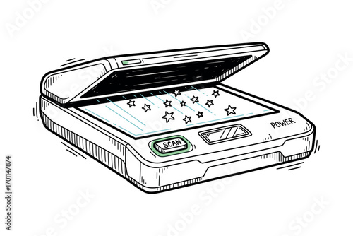 Hand drawn illustration of an open scanner with stars and scan button flatbed scanner scanning