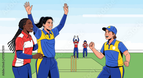 Diverse Women's Cricket Team Joyfully Celebrates Victory Flat Style