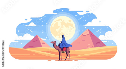 Person rides camel past pyramids under a large moonlit sky