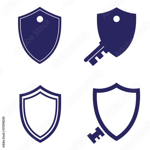 Collection of shield and key icons representing security protection and access control