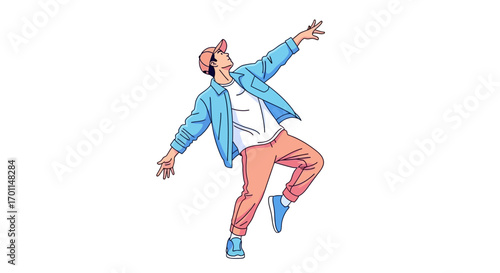 Energetic young man in stylish casual wear dancing with expressive movement and a playful pose.