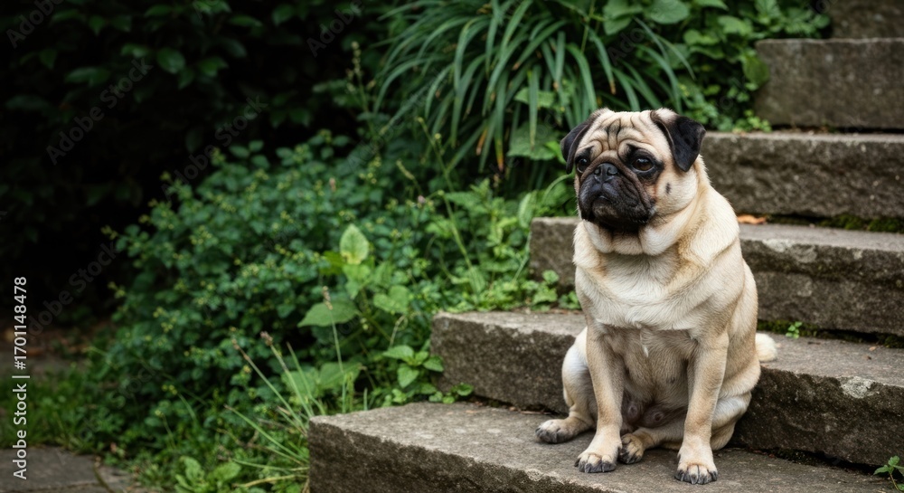 Obraz premium Beige pug sits on stone steps amidst greenery