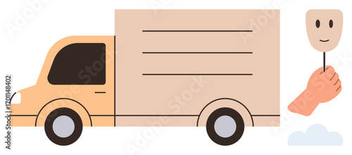 Yellow delivery truck alongside a hand holding a smiling mask. Ideal for anonymity, logistics, delivery, identity, business services, e-commerce, minimalism as a simple flat metaphor