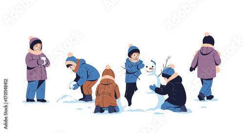 Joyful children collaborating to build a snowman on a bright winter day