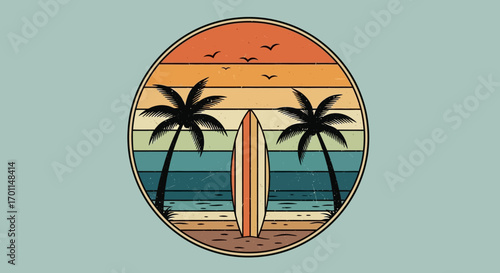 Retro sunset scene with palm trees and surfboard on a tropical beach