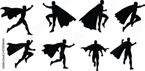 Silhouettes of superheroes running and flying with flowing capes in action poses, powerful comic-style vector art showing speed and strengthSilhouettes of 