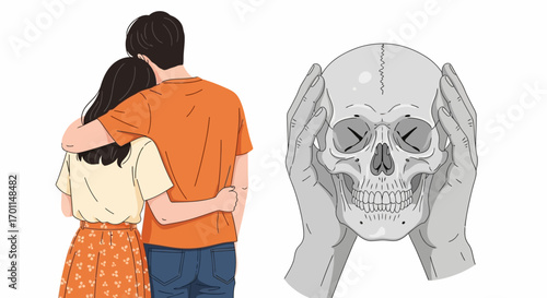 Couple embracing with a symbolic skull representing mortality or introspection.