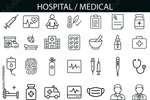 Hospital and Medical Icon Set for Healthcare, Emergency, and Wellness UI Design