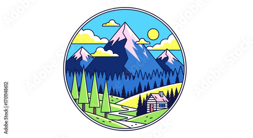 Serene mountain landscape illustration with a cozy cabin nestled in a vibrant, sunlit valley.