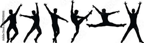 Silhouette dancers performing various dynamic ballet and modern dance poses, expressing movement, grace, energy, flexibility, rhythm, and artistic dance expression vector.