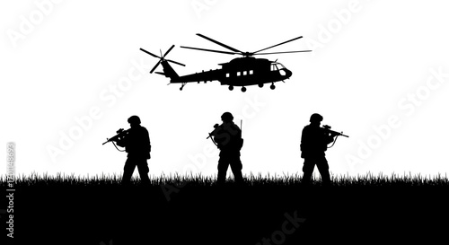 Military helicopter flies above silhouette soldiers standing in grass, ready for action.