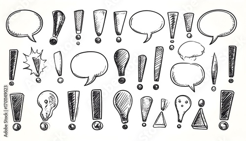 Hand-drawn collection of various exclamation points and speech bubbles, showcasing diverse styles and expressions.