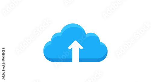 A vibrant blue cloud graphic featuring a prominent white upward-pointing arrow, representing digital data upload or secure online storage.