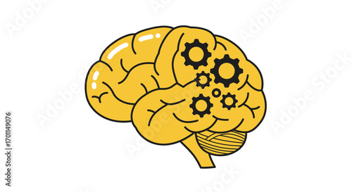 A stylized golden human brain with internal black gears, symbolizing complex thought processes and intellectual mechanisms.
