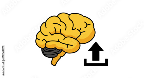 A stylized yellow human brain with a gray cerebellum shown next to a black upload icon, symbolizing knowledge transfer or digital thought.
