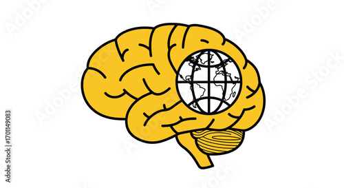 Yellow brain with a world globe inside, symbolizing global thought and interconnected intelligence.