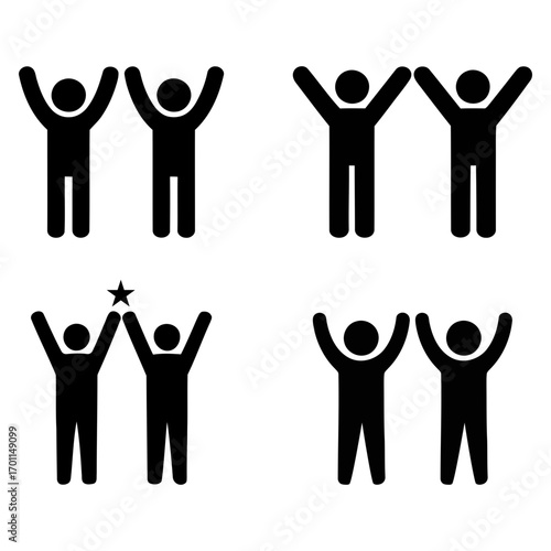 Diverse stick figure poses showing unity and achievement. set of people icons