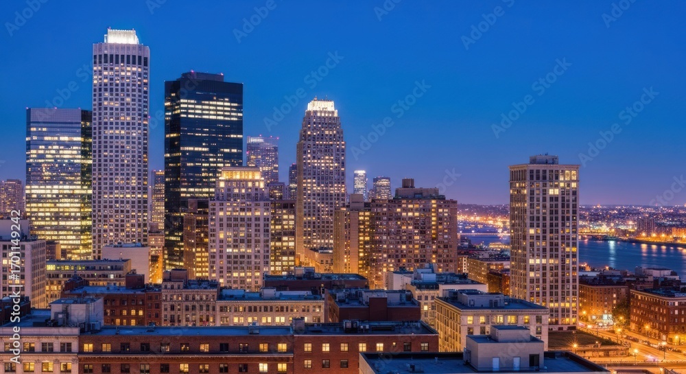 Obraz premium City skyline at twilight, illuminated buildings