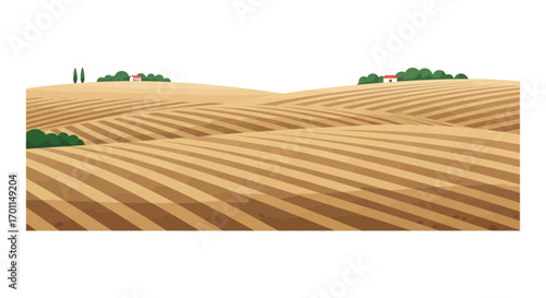rolling hills under clear sky with scattered trees and houses