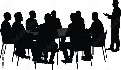 Silhouette of business meeting with team seated at conference table and leader presenting, ideal for corporate, teamwork, and office use.