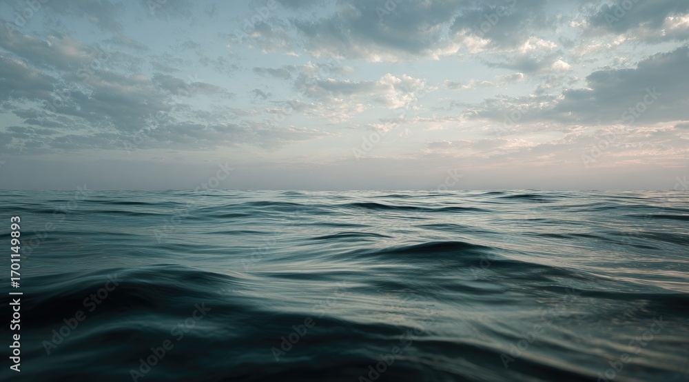 Obraz premium A tranquil sea at dawn or dusk. Soft, muted colors. Gentle waves. Cloudy sky