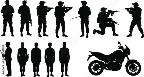 Vector silhouettes of armed soldiers aiming rifles, police officers standing with batons, and a motorcycle representing law enforcement security.