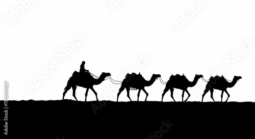 Silhouette of a lone traveler riding a camel in a desert caravan at sunset