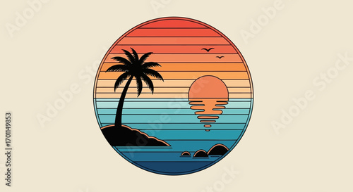 Vibrant sunset over a tropical island with a lone palm tree and calm ocean.