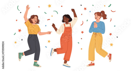 Joyful diverse friends celebrating with confetti and stars, pure happiness