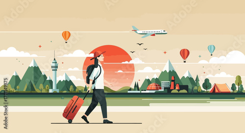 Adventurous traveler with suitcase exploring scenic mountainous landscape with hot air balloons and airplane overhead