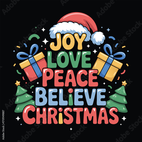 Festive holiday words with santa hat and gifts christmas