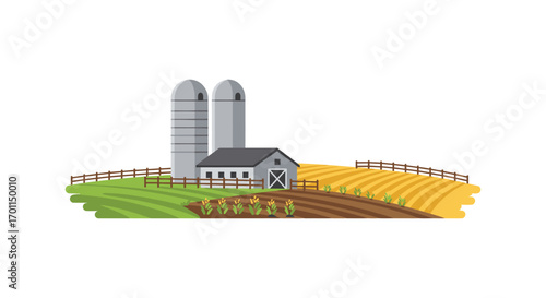 a quaint farm scene with silos barn crops and rolling hills