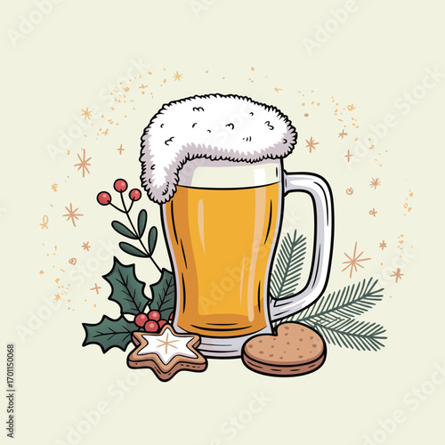 Frothy beer mug with festive decorations frothy foam