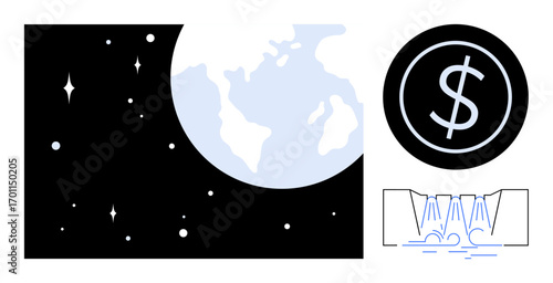 Earth floating among stars, dollar in a circle, and a minimalist waterfall concept. Ideal for sustainability, global finance, conservation, renewable energy, climate change, economics