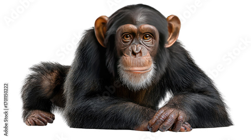 Smiling Chimpanzee Portrait: A charming chimpanzee gazes directly at the viewer, its expressive face revealing a hint of a smile, showcasing intelligence and the unique personality.