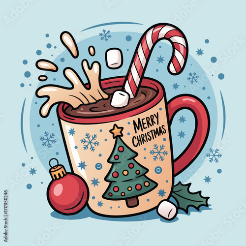 Hot chocolate mug with candy cane and ornaments marshmallows