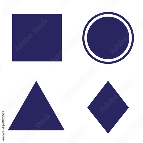 Geometric shapes in dark blue arranged on a white background creating visual contrast and simplicity