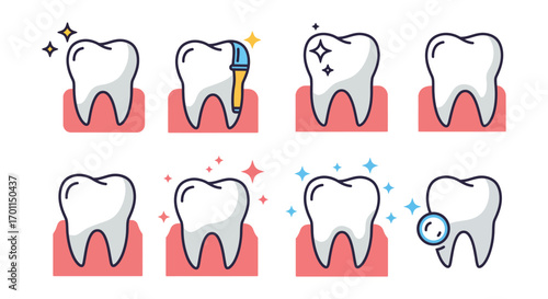 dental hygiene practices shown through various tooth illustrations
