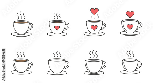 coffee cups with hearts and steam arranged neatly