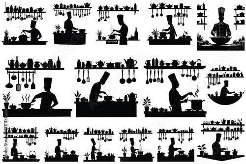 Collection of silhouette chefs actively cooking in kitchen environments
