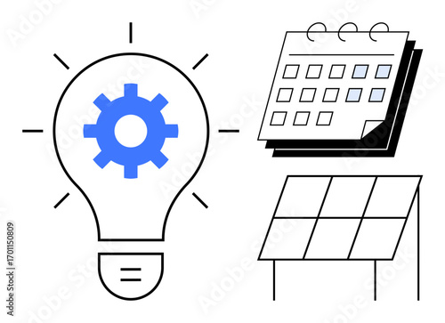 Lightbulb with gear symbolizing innovation, calendar for planning, solar panel representing renewable energy. Ideal for technology, sustainability, innovation, energy efficiency, project management