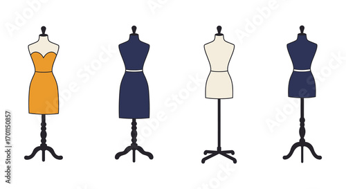 fashion mannequins displaying elegant dresses in various colors