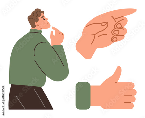 Pensive man pondering, hand supporting chin, accompanied by gestures of pointing finger and thumbs-up. Ideal for decision-making, communication, agreement, approval, direction, reflection