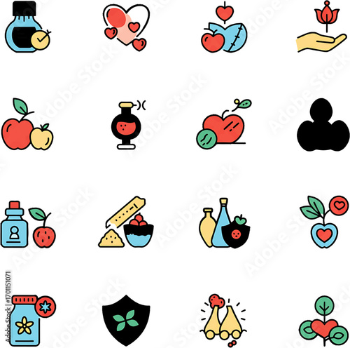 Collection of Health and Wellness Icons with Fruits and Plants.