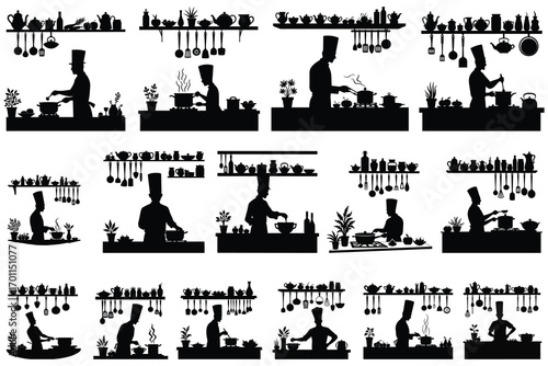 Silhouette chefs preparing food in kitchens with detailed shelves