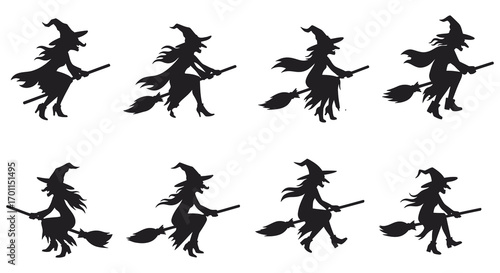 witches flying on brooms in spooky halloween night silhouettes