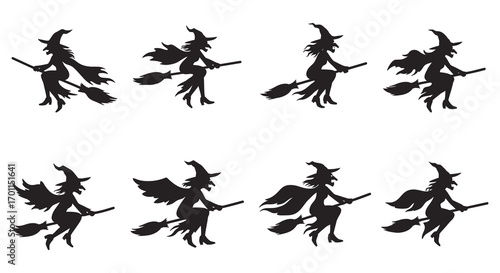 witches flying on brooms in spooky halloween night silhouettes