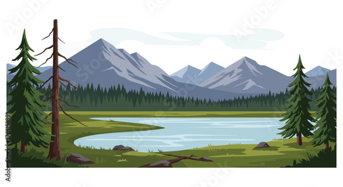 a serene lake surrounded by tall trees and majestic mountains