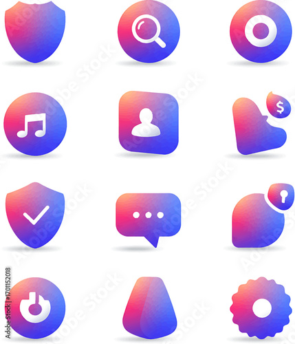 Collection of twelve vibrant gradient icons shield magnifying glass circle music note profile money heart checkmark shield chat bubble lock power button triangl.