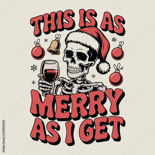 Skeleton holding wine glass wearing Santa hat Christmas